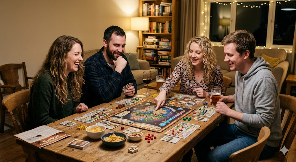 Date night of two couples playing board game together