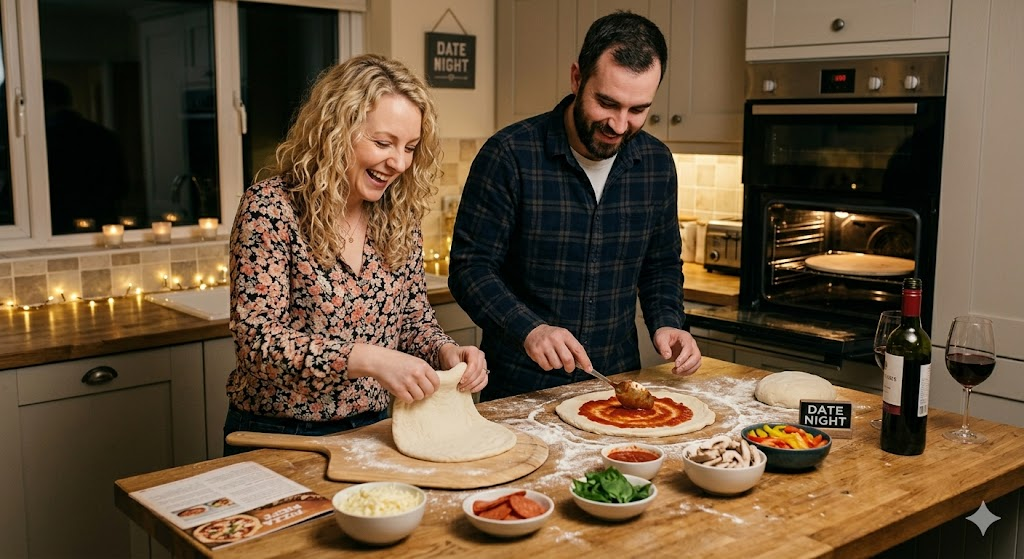 Date night of a couple cooking pizza together